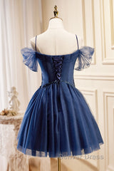 Dark Blue A-Line Short Prom Dresses, Dark Blue Homecoming Dresses