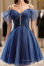 Dark Blue A Line Short Prom Dress, Dark Blue Homecoming Dresses