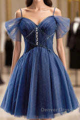 Dark Blue A-Line Short Prom Dresses, Dark Blue Homecoming Dresses