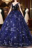 Dark Blue A Line Tulle Lace Long Prom Dress, Dark Blue Long Prom Dresses