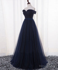 Dark Blue A Line Tulle Long Prom Dress, Evening Dress