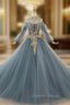 Dark Blue Ball Gowns Tulle High Neck Long Sleeve Sequins Wedding Dresses