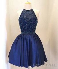 Dark Blue Beaded Short Prom Dress, Homecoming Dress