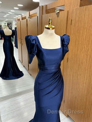 Dark Blue Blue Long Mermaid Prom Dresses With Slit, Dark Blue Party Dresses