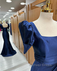 Dark Blue Blue Long Mermaid Prom Dresses With Slit, Dark Blue Party Dresses