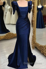 Dark Blue Blue Long Mermaid Prom Dresses With Slit, Dark Blue Party Dresses