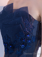 Dark Blue Lace Satin Short Prom Dress, Blue Cocktail Dress