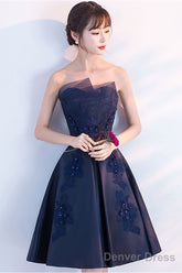 Dark Blue Lace Satin Short Prom Dress, Blue Cocktail Dress