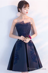 Dark Blue Lace Satin Short Prom Dress, Blue Cocktail Dress