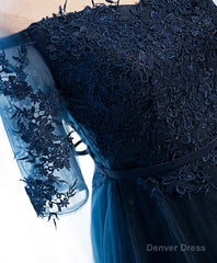 Dark Blue Lace Tulle Long Prom Dress, Lace Evening Dress