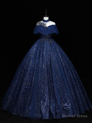 Dark Blue Long Prom Dress, Blue Tulle Formal Gown Graduation Dresses