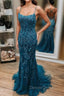 Dark Blue Mermaid Spaghetti Straps Appliques Prom Dresses