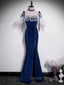 Dark Blue Mermaid Velvet Long Prom Dresses, Blue Formal Evening Dresses