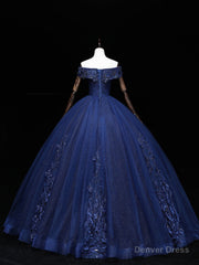 Dark Blue Off Shoulder Tulle Lace Long Prom Gown, Blue Sweet 16 Dress With Beading Sequin