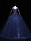 Dark Blue Off Shoulder Tulle Lace Long Prom Gowns, Blue Sweet 16 Dresses With Beading Sequin
