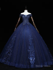 Dark Blue Off Shoulder Tulle Lace Long Prom Gown, Blue Sweet 16 Dress With Beading Sequin