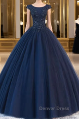 Dark blue round neck tulle lace long prom Dresses, blue tulle lace evening Dresses