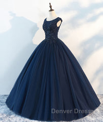 Dark blue round neck tulle lace long prom Dresses, blue tulle lace evening Dresses