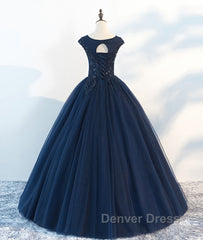 Dark blue round neck tulle lace long prom Dresses, blue tulle lace evening Dresses
