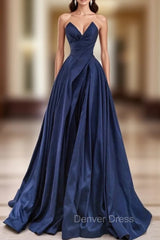 Dark Blue Satin Strapless Prom Dresses