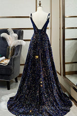 Dark Blue Sequin A Line Spaghetti Straps Bling Bling Prom Dresses