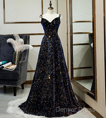 Dark Blue Sequin A Line Spaghetti Straps Bling Bling Prom Dresses