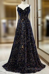 Dark Blue Sequin A Line Spaghetti Straps Bling Bling Prom Dresses