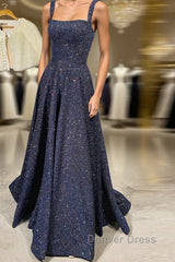 Dark blue sequin long prom Dresses , blue evening Dresses