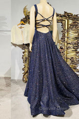 Dark blue sequin long prom Dresses , blue evening Dresses