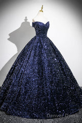 Dark Blue Sequins Long Prom Dress, Elegant A-Line Evening Party Dress