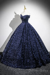 Dark Blue Sequins Long Prom Dress, Elegant A-Line Evening Party Dress