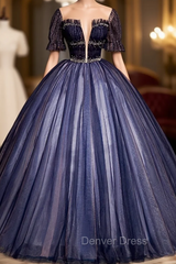 Dark Blue Tulle Backless Beading Quinceanera Dresses