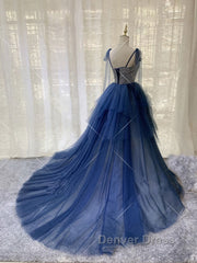 Dark blue tulle lace long prom Dresses, blue tulle formal Dresses
