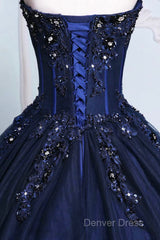 Dark Blue Tulle Lace Princess Dresses, Beautiful A-Line Strapless Long Prom Dresses