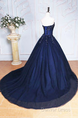Dark Blue Tulle Lace Princess Dresses, Beautiful A-Line Strapless Long Prom Dresses