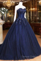 Dark Blue Tulle Lace Princess Dresses, Beautiful A-Line Strapless Long Prom Dresses