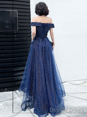 Dark Blue Tulle Long Prom Dress, A-Line Tulle Off Shoulder Blue Wedding Party Dresses