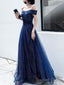 Dark Blue Tulle Long Prom Dress, A Line Tulle Off Shoulder Blue Wedding Prom Dresses