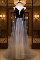 Dark blue tulle long prom Dresses, blue evening Dresses