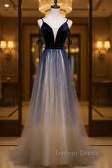 Dark blue tulle long prom Dresses, blue evening Dresses