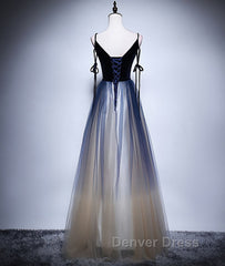 Dark blue tulle long prom Dresses, blue evening Dresses
