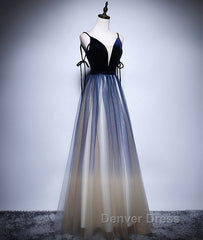Dark blue tulle long prom Dresses, blue evening Dresses