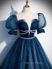 Dark Blue Tulle Long Prom Dresses, Blue Tulle Sweet 16 Dresses