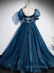 Dark Blue Tulle Long Prom Dresses, Blue Tulle Sweet 16 Dresses