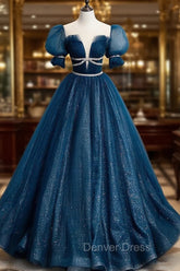 Dark Blue Tulle Long Prom Dresses, Blue Tulle Sweet 16 Dresses