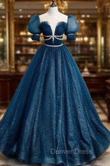 Dark Blue Tulle Long Prom Dresses, Blue Tulle Sweet 16 Dresses