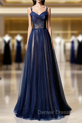Dark Blue Tulle Long Prom Dresses, Dark Blue Evening Dresses