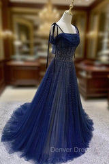Dark Blue Tulle Sequin Long Prom Dresses, Blue Tulle Formal Dresses