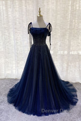 Dark Blue Tulle Sequin Long Prom Dresses, Dark Blue Evening Dresses