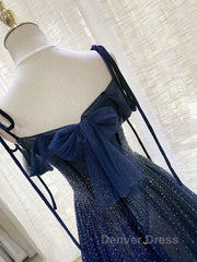 Dark Blue Tulle Sequin Long Prom Dresses, Dark Blue Evening Dresses